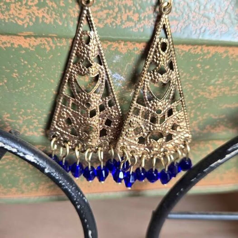 Handmade Blue Beaded Filigree Fan Earrings | Gold Tone Bohemian Dangle Earrings
